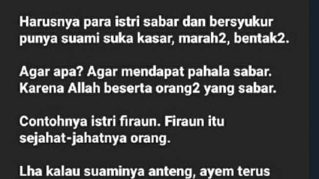 Unggahan yang menyebut istri harus sabar punya suami kayak Firaun (Twitter/ @AREAJULID).