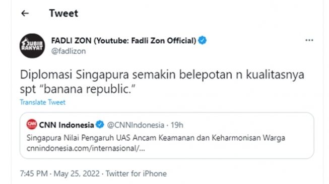 Fadli Zon kritik kualitas diplomasi Singapura yang disamakan dengan Banana Republic usai Menteri Dalam Negeri, K Shanmugam, mengungkap alasan menolak Ustaz Abdul Somad (UAS). (Twitter/@fadlizon)