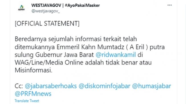 Klarifikasi ADPIM Jawa Barat mengenai kabar Emmeril Kahn Mumtadz putra sulung Ridwan Kamil yang ditemukan dalam kondisi selamat. (Twitter/@westjavagov_)