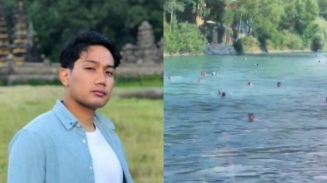 Foto kolase Emmeril Khan Mumtadz dan penampakan Sungai Aare. 