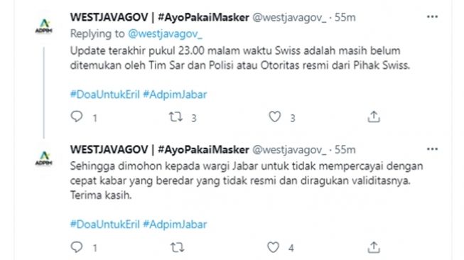 Klarifikasi ADPIM Jawa Barat mengenai kabar Emmeril Kahn Mumtadz putra sulung Ridwan Kamil yang ditemukan dalam kondisi selamat. (Twitter/@westjavagov_)