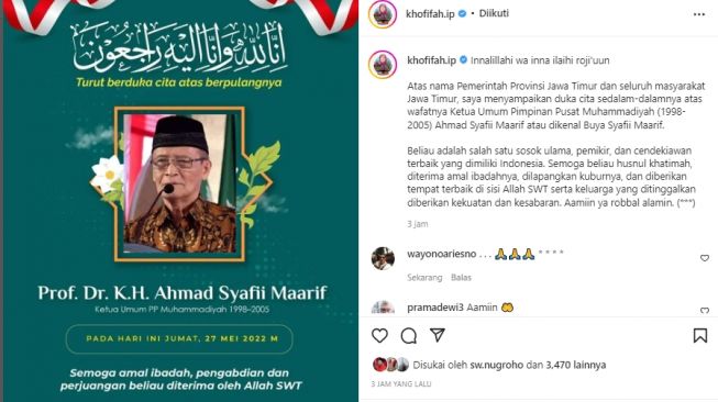 Berbela Sungkawa, Gubernur Khofifah Sebut Buya Syafii Maarif Salah Satu Pemikir dan Cendekiawan Terbaik Indonesia