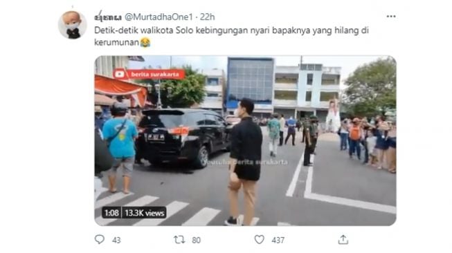 Viral momen ketika Wali Kota Solo, Gibran Rakabuming Raka dicuekin sampai kebingungan mencari Presiden Joko Widodo saat menemani blusukan di Solo. (Twitter/@MurtadhaOne1)