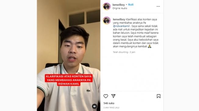 Kenwilboy meminta maaf dan mengklarifikasi soal konten 'jaga lilin' yang dibuatnya dari tragedi hilangnya anak Ridwan Kamil, Emmeril Khan Mumtadz alias Eril. (Instagram/@kenwilboy)