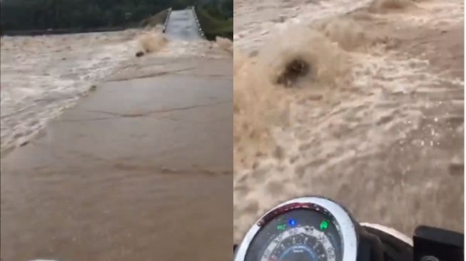 Viral Pemotor Lewati Jembatan dengan Arus Sungai yang Deras, Warganet Tegang