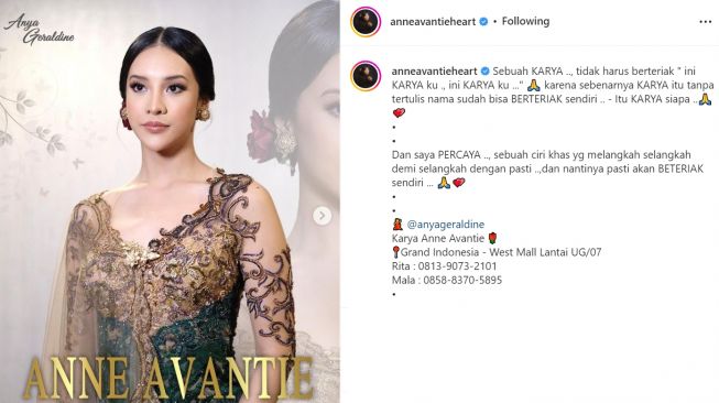 Anya Geraldine tampil sebagai juri Putri Indonesia 2022 dengan kebaya rancangan Anne Avantie dan make up dari Leo Afandi (Instagram/anneavantieheart)