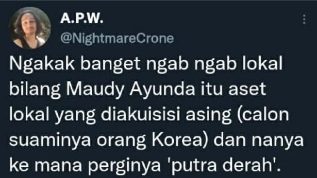 Postingan warganet soal pernikahan Maudy Ayunda yang menikah dengan Jesse Choi (Twitter/ @ @NighmareCrone).