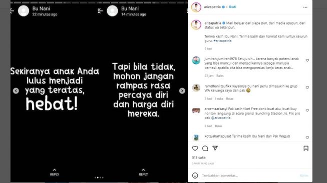 Status WA ibu Nani guru viral direpost Wakil Gubernur DKI Jakarta Ariza Patria (arizapatria)