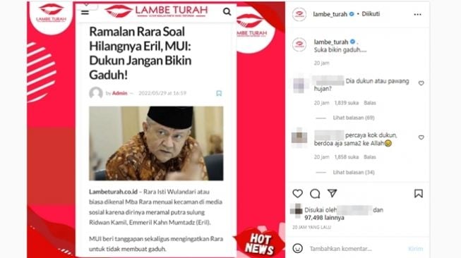 Waketum MUI Anwar Abbas mengingatkan dukun dan peramal agar tak membuat gaduh soal hilangnya Ememril Khan Mumtadz anak Ridwan Kamil. (Instagram/@lambe_turah)