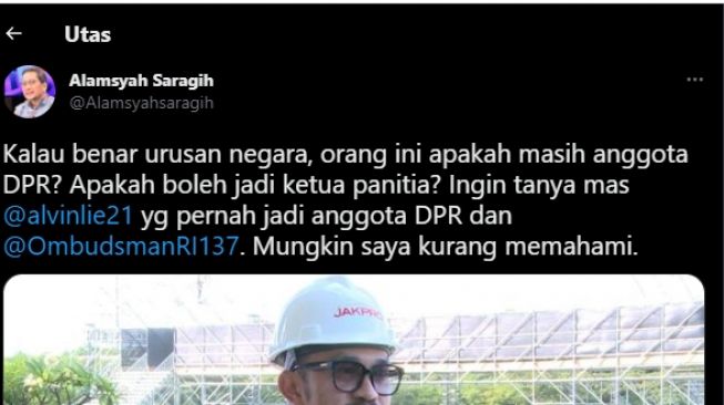 Cuitan eks Komisioner Ombudsman RI Alamsyah Saragih. (Tangkapan layar/Twitter)