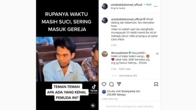 Tangkapan layar klarifikasi Ustaz Abdul Somad soal video yang menunjukkan sosok mudanya sering masuk ke gereja. (Instagram/@ustadzabdulsomad_official)