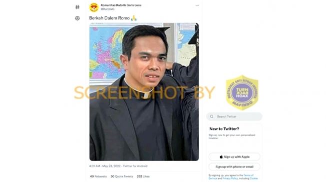 Unggahan Twitter Katolik Garis Keras (@KatolikG) yang memperlihatkan foto Ustaz Abdul Somad yang diedit dengan pakaian pastor. (Turnbackhoax.id)