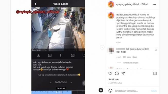 Wanita kesal tetangga jemur kerupuk di atap mobilnya, malah dirujak warganet. (Instagram/@nyinyir_update_official)