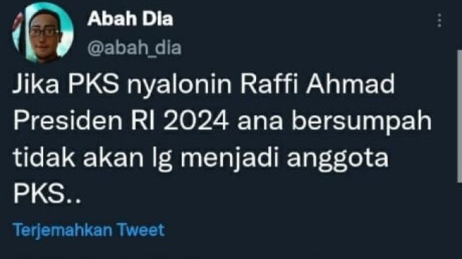 Postingan Twitter yang diduga milik anggota PKS tolak usulan Raffi Ahmad jadi Capres 2024 (Twitter/ @abah_dia).