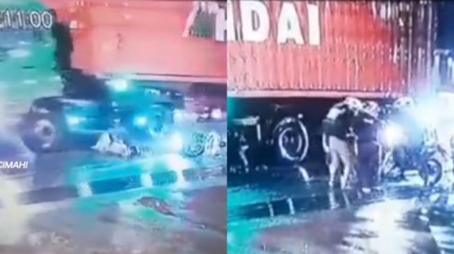 Ramai Video Pengendara Sepeda Motor Jatuh Diduga karena Tergelincir, Tubuhnya Nyaris Tergilas Truk Kontainer