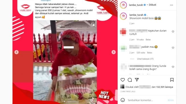 Viral pria di Bone berikan mahar uang panai Rp 300 juta, showroom mobil, sawah, dan perhiasan untuk istri, serta janji siap membiayai kuliah sampai tuntas. (Instagram/@lambe_turah)