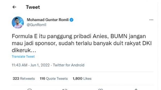 Tangkapan layar cuitan Guntur Romli di akun Twitter @GunRomli. [Twitter]