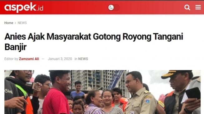 Tangkapan layar artikel asli di aspek.id yang dimanipulasi seolah Anies Baswedan sedang meyakinkan warga Fomula E bisa jadi solusi banjir Jakarta. (Turnbackhoax.id)