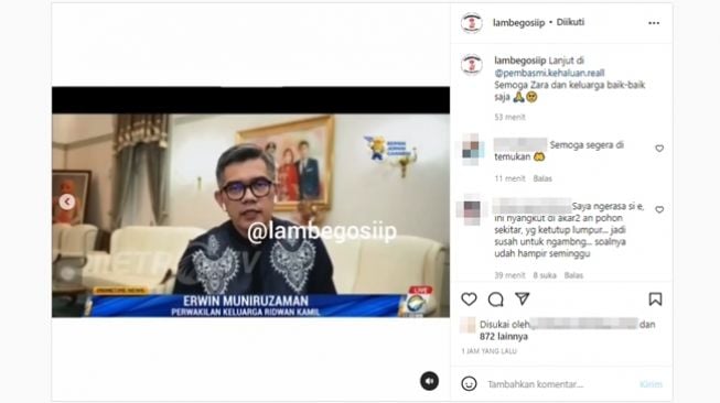 Kakak kandung Ridwan Kamil, Erwin Muniruzaman, menerangkan kronologi saat rombongan Emmeril Khan Mumtadz (Eril) berenang di Sungai Aare sampai akhirnya Camillia Laetitia Azzahra (Zara) sang adik berhasil diselamatkan warga. (Instagram/@lambegosiip)