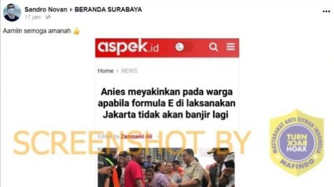 Tangkapan layar artikel aspek.id soal Anies Baswedan meyakinkan warga Formula E bisa jadi solusi banjir Jakarta yang dibagikan akun Facebook Sandro Novan. (Turnbackhoax.id)