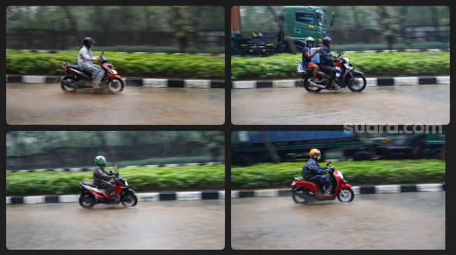 Foto kombo Sejumlah pengendara sepeda motor melintas saat hujan di Tanjung Priok, Jakarta Utara, Kamis (2/6/2022). [Suara.com/Alfian Winanto]