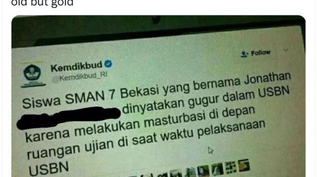 Postingan Twitter yang menginformasikan siswa SMA gagal ikut ujian gara-gara manstrubasi (Twitter/ @txtdarigajelas).