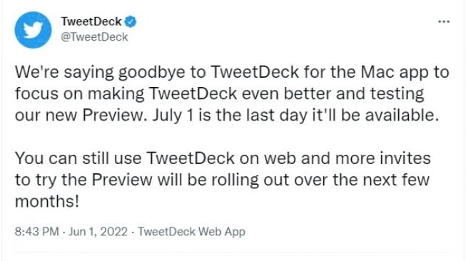 Cuitan berakhirnya layanan TweetDeck. [Twitter]