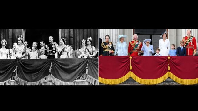 Foto kombinasi saat penobatan Ratu Elizabeth II di tahun 1954 (kiri) dan saat perayaan 70 tahun tahta Ratu Elizabeth II tahun 2022 di Istana Buckingham, Inggris. [Daniel LEAL / AFP]