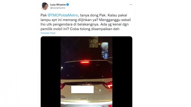 Keluh kelah Lucy WIryono bertemu dengan pemobil yang menggunakan lampu modifikasi (Twitter)