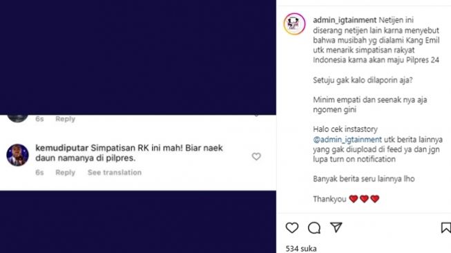 Tangkapan layar komentar @kemudiputar menduga musibah hilangnya Emmeril Kahn Mumtadz alias Eril sebagai settingan belaka untuk menarik simpatisan Ridwan Kamil di Pemilihan Presiden 2024. (Instagram/@lambegosiip)