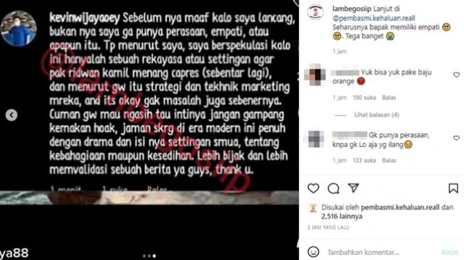 Tangkapan layar komentar @kevinwijayaoey menduga musibah hilangnya Emmeril Kahn Mumtadz alias Eril sebagai settingan belaka untuk keperluan Ridwan Kamil di Pemilihan Presiden 2024. (Instagram/@lambegosiip)