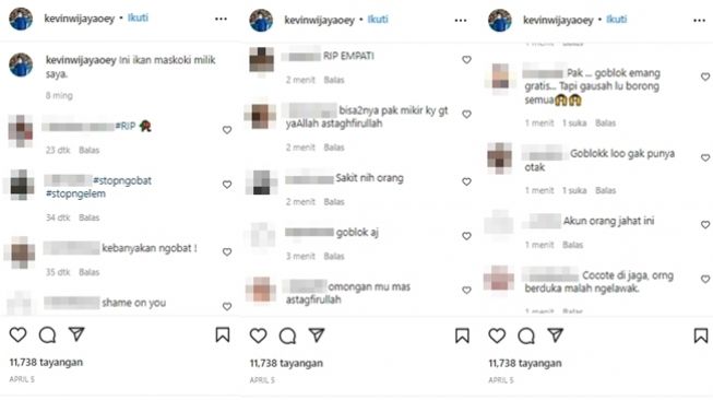 Tangkapan layar kecaman warganet di unggahan terakhir akun @kevinwijayaoey yang menyebut musibah hilangnya Emmeril Kahn Mumtadz atau Eril settingan belaka. (Instagram/@kevinwijayaoey)