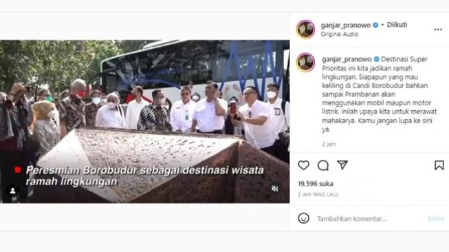 Gubernur Jawa Tengah Ganjar Pranowo dan Menko Marives Luhut Binsar Pandjaitan di peresmian Candi Borobudur sebagai kawasan wisata ramah lingkungan. (Instagram/@ganjarpranowo)