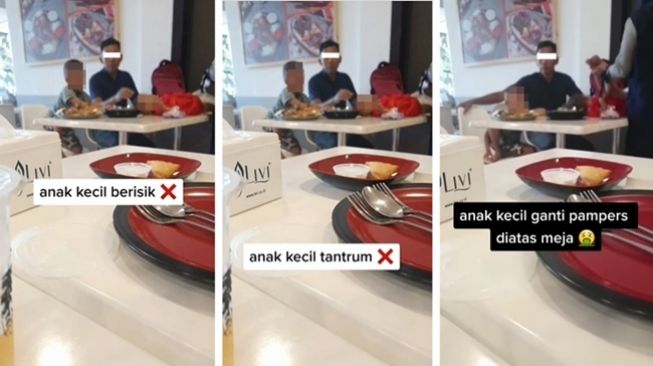 Orang tua santai ganti pampers anaknya di atas meja makan di sebuah restoran. (Instagram/@admin_igtainment)