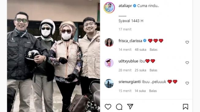 Istri Ridwan Kamil, Atalia Praratya unggah momen hangat liburan Emmeril Kahn Mumtadz (Eril) bersama keluarga. (Instagram/@ataliapr)