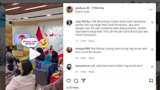 Viral komentar netizen serbu Instagram Sandiaga Uno gegara tiket candi Borobudur naik. (Tangkapan Layar/Instagram)