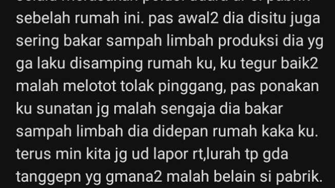Tetangga buka pabrik makanan tapi buang asap sembarangan, malah berbalik melapor ke polisi dengan alasan pelanggaran UU ITE. (Twitter/@SeputarTetangga)