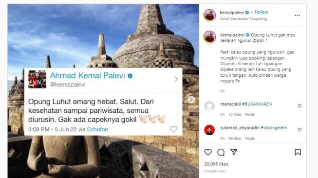 Tangkapan layar sindiran komika Kemal Palevi terkait naiknya harga tiket ke Candi Borobudur. (Instagram/@kemalpalevi)