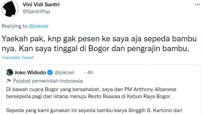 Seorang netizen asal Bogor protes kepada Presiden Jokowi yang gunakan sepeda bambu yang berasal dari Jawa Tengah (Tangkapan layar Twitter)