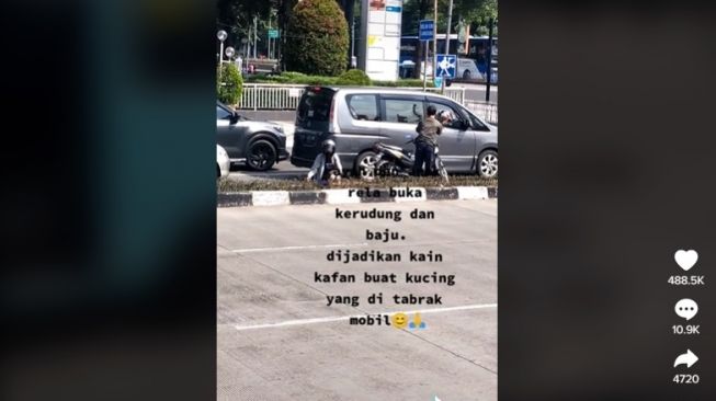 Aksi ayah dan anak bungkus bangkai kucing di jalan, tuai pujian. [TikTok]