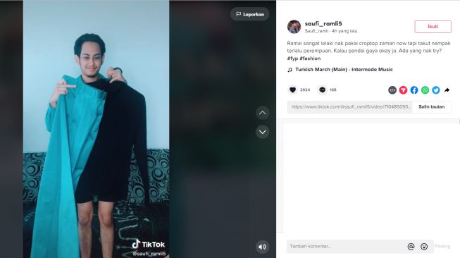 Viral Lelaki Bagikan OOTDnya Mengenakan Crop Top (tiktok/saufi_ramli5)