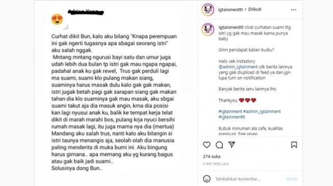 Suami curhat istri tidak mau melakukan pekerjaan rumah tangga setelah melahirkan, menuai pro dan kontra. (Instagram/@igtainmenttt)