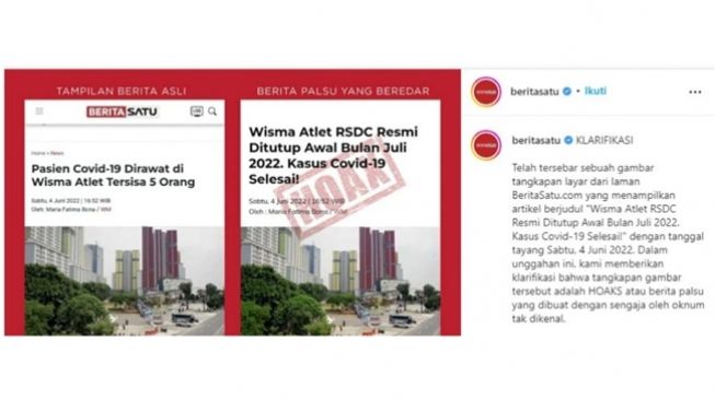 Klarifikasi mengenai artikel yang menyebut RSDC Wisma Atlet akan tutup bulan Juli 2022 karena kasus Covid-19 sudah selesai. (Turnbackhoax.id)