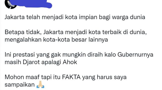 Ciutan warganet yang sebut Jakarta jadi kota impian di dunia (Twitter/ @Hel**_*****). 