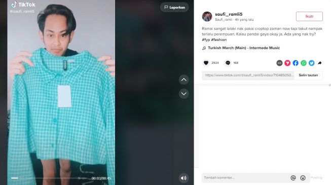 Viral Lelaki Bagikan OOTDnya Mengenakan Crop Top (tiktok/saufi_ramli5)