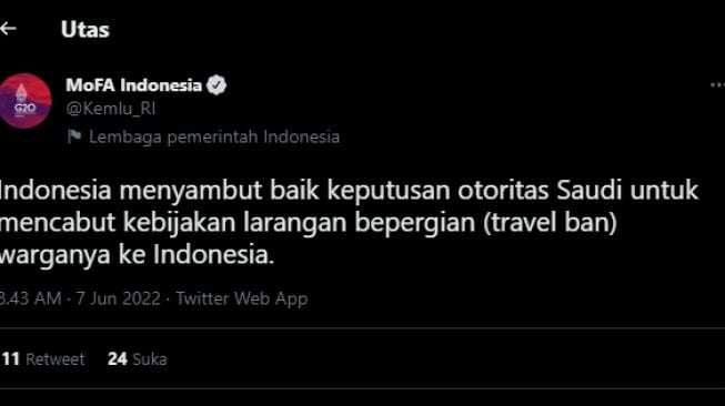 Kementerian Luar Negeri umumkan Arab Saudi cabut larangan pergi ke Indonesia. (Twitter)