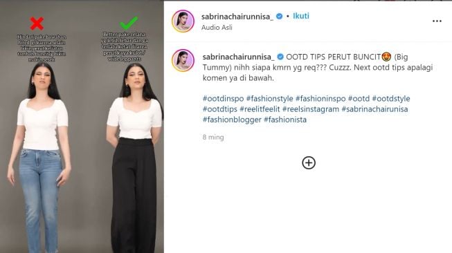 Simak 4 Tips OOTD Tutupi Perut Buncit ala Sabrina Chairunnisa