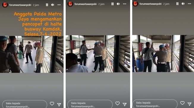 Polisi menangkap copet berpisau yang beraksi di Transjakarta. (Instagram Story/@forumwartawanpolri)