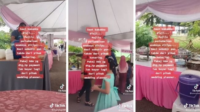 Pengantin panik katering tak antar makanan di hari pernikahan imbas ditipu wedding planner. (TikTok/@marchgirl11)