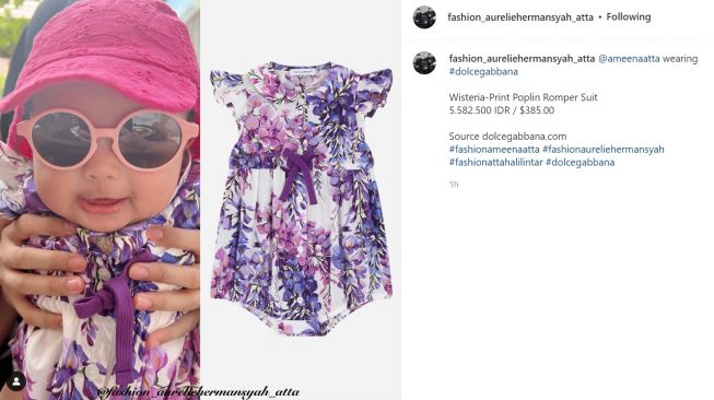 Ameena Atta kenakan dress ungu menggemaskan yang harganya buat warganet merasa puyeng (Instagram/fashion_aurelhermansyah_atta)